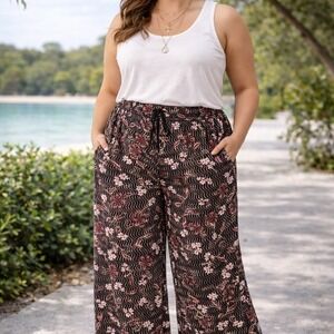 Denim 24/7 Women's 22W Rayon Floral Wide Leg Pants Drawstring Waist Boho Brown